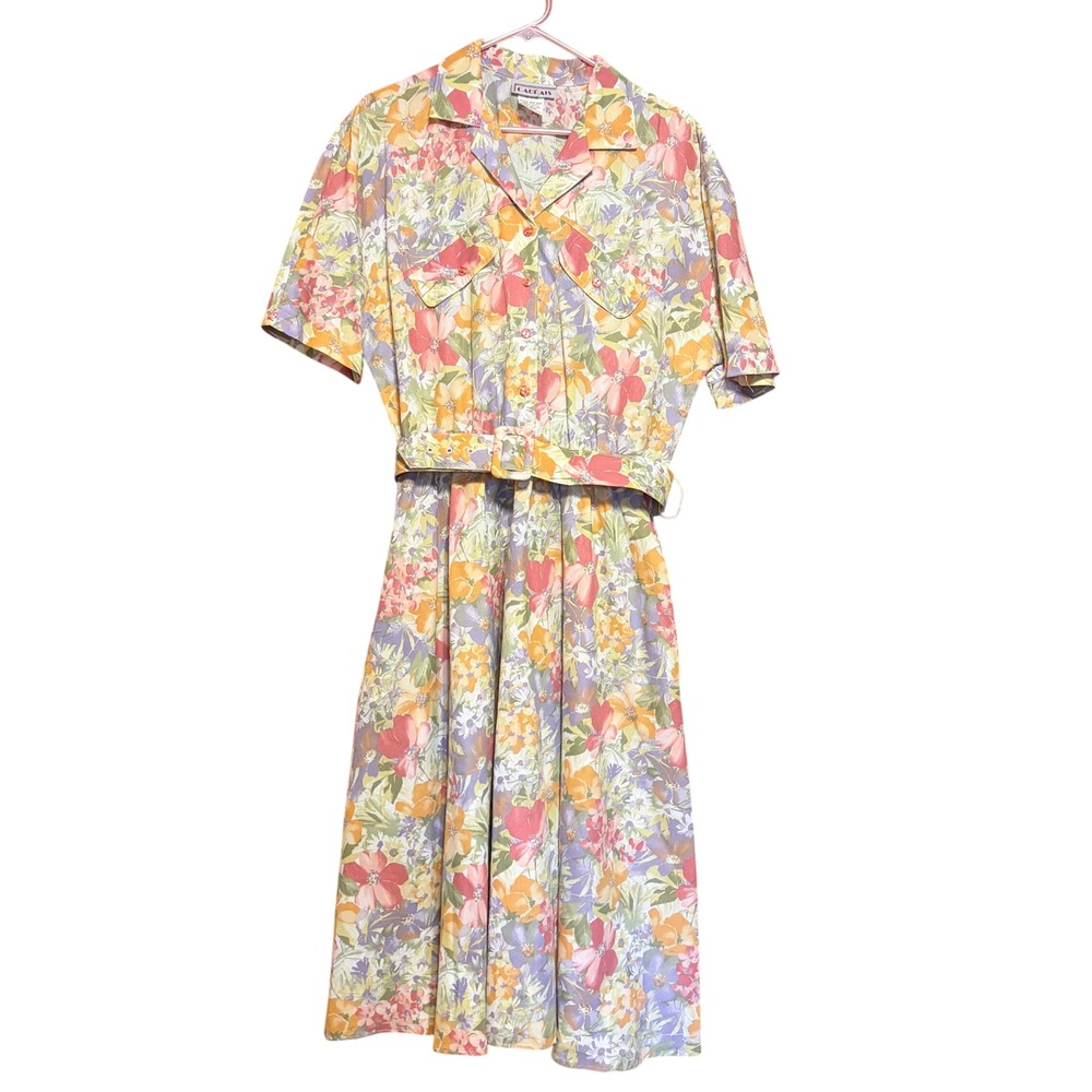 VTG Cottage Shirt Dress Cabrais 16 Floral Belted Midi Pastel Garden Party Retro